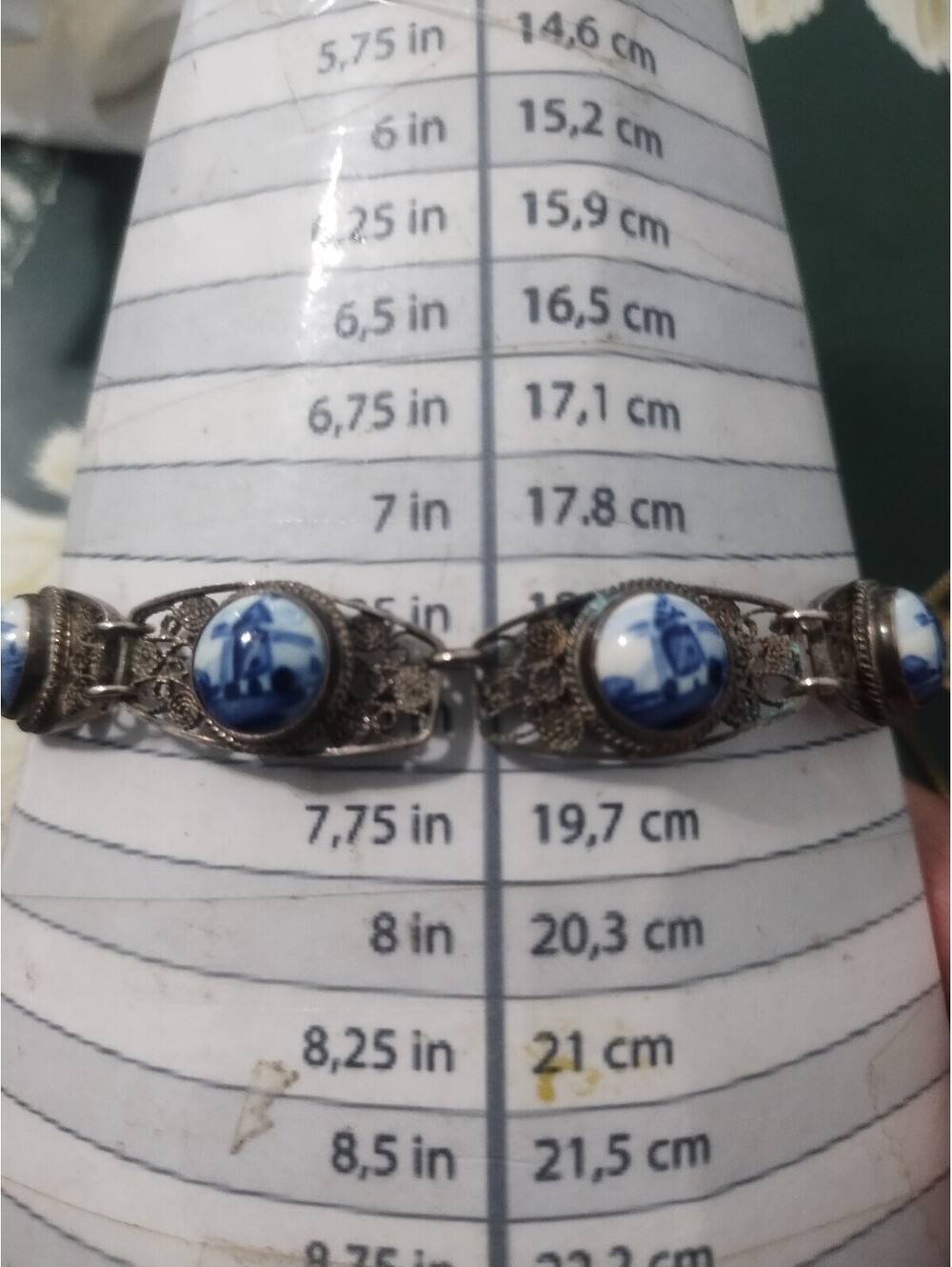 Vintage Dutch Delft Blue Bracelet Filagree Porcelain Windmill 835 Silver 7.25"